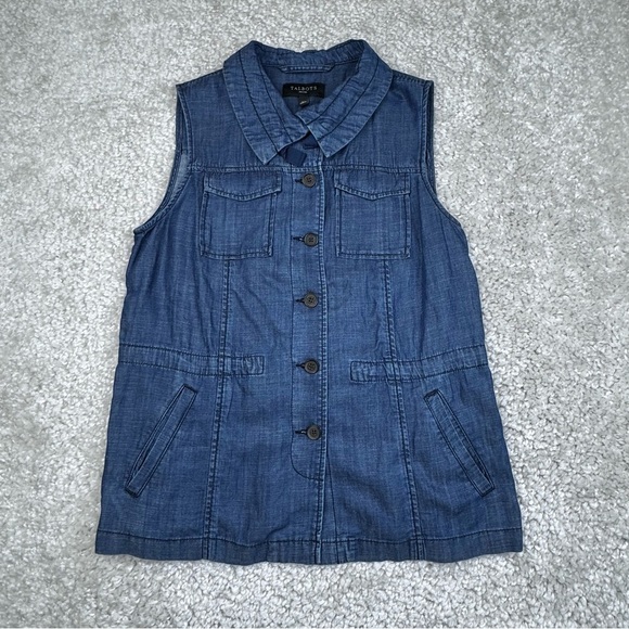 Talbots Casual Chambray Vest. Button Front Drawstring. petite medium - Picture 2 of 12